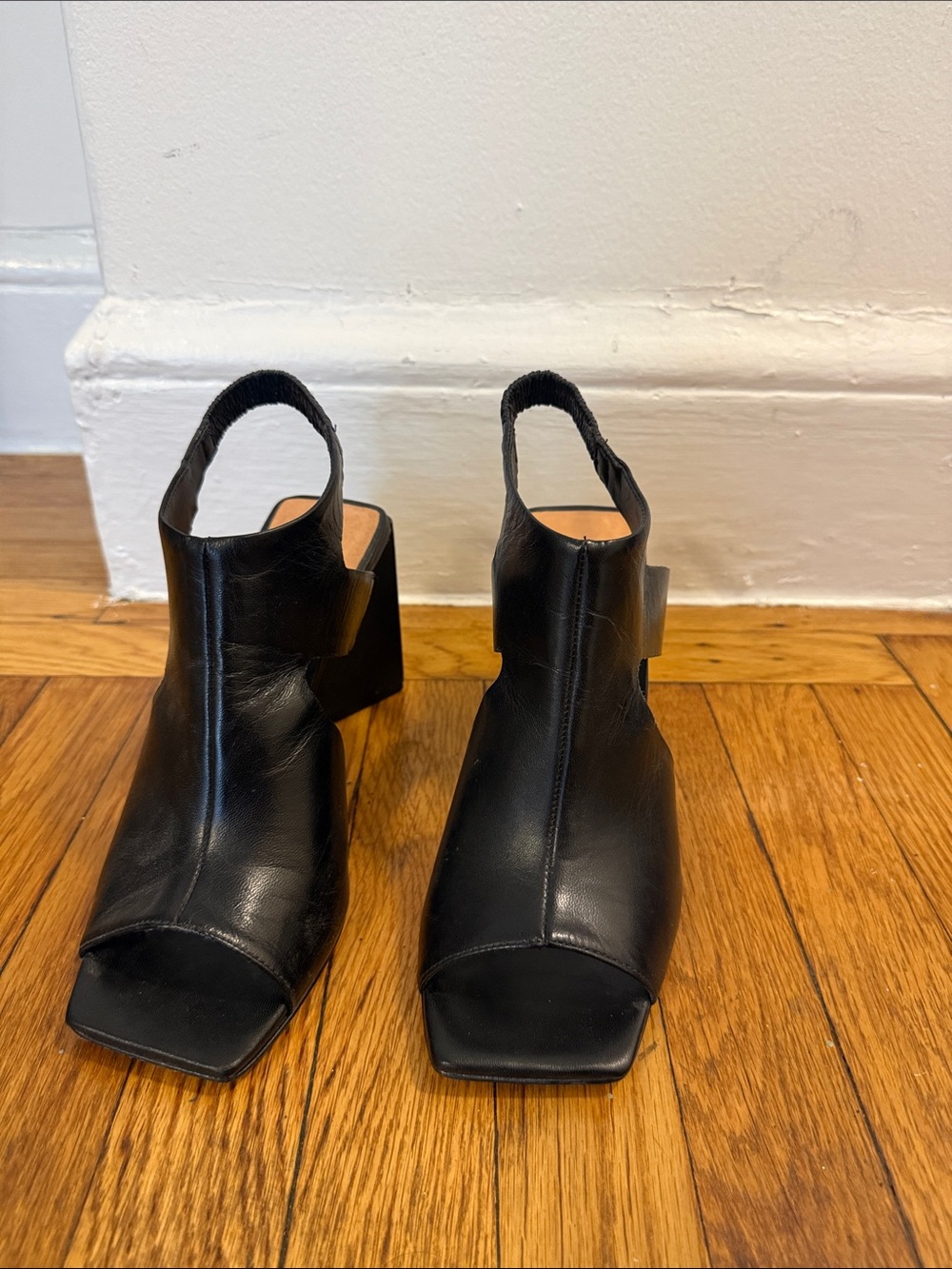 Black Leather Open-Toe Slingback Block Heel Sandals